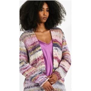 MOLLY BRACKEN Wool Blend Striped Chunky Knit Open Front Cardigan Sweater